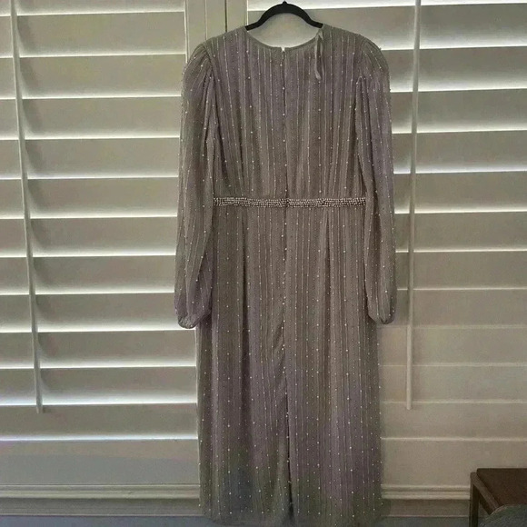 Mac Duggal Midi Dress Size 16 XL Vintage Lilac Mocha Stripe Long Sleeve Sparkle - Picture 9 of 11